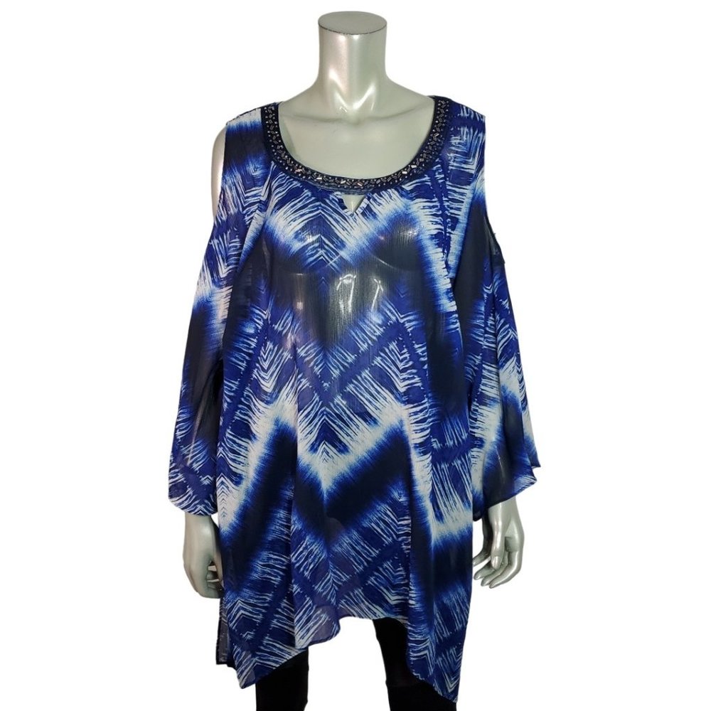 Catherines Top Plus Size 3X 26/28W Tunic Cold Shoulder Sheer Beaded Blue